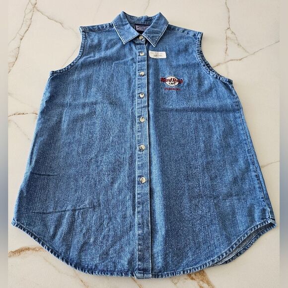 NEW Hard Rock Cafe Sleeveless Denim Shirt Button Front Sz L CHICAGO - Picture 3 of 14